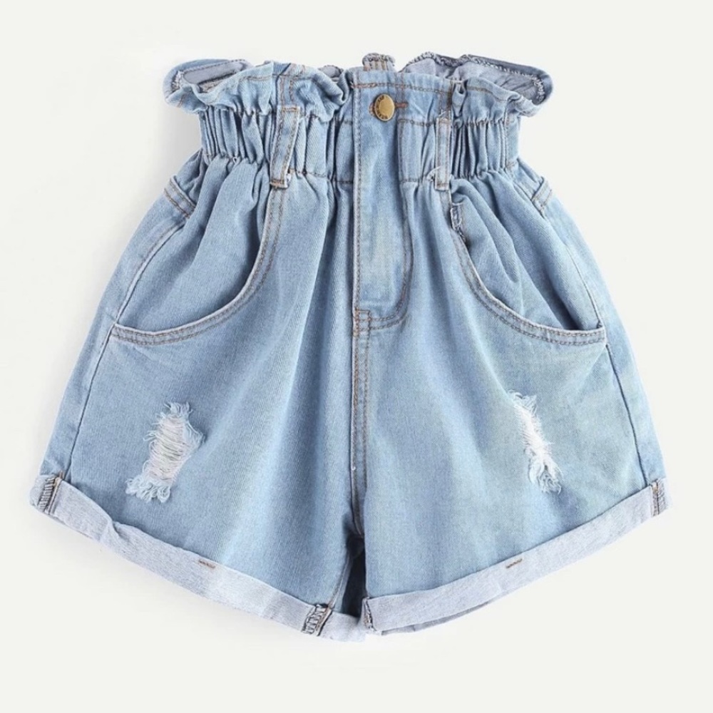 Elastic High Waist Ripped Denim Shorts
